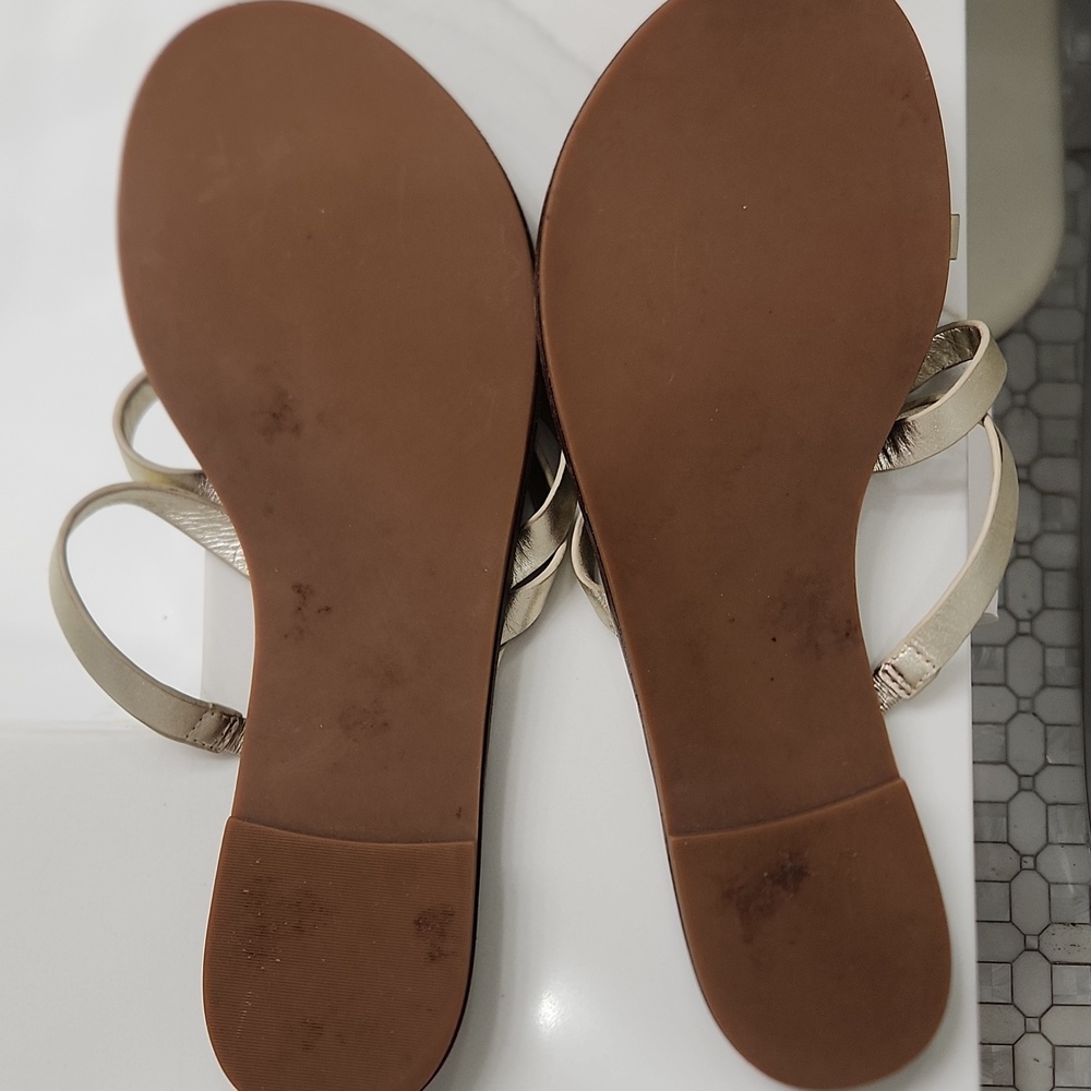 Tory Burch Gold Strappy Leather Sandals with Brown Footbed - Picture 9 of 11